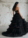 Lace Sweetheart Sheer Black Ball Gown Ruffles Prom Dress