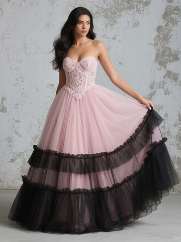 Sweetheart Lace Ruffles Pink A Line Prom Dress