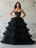 Lace Sweetheart Sheer Black Ball Gown Ruffles Prom Dress