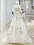 Floral  Off Shoulder Ivory Tulle Applique Prom Dress