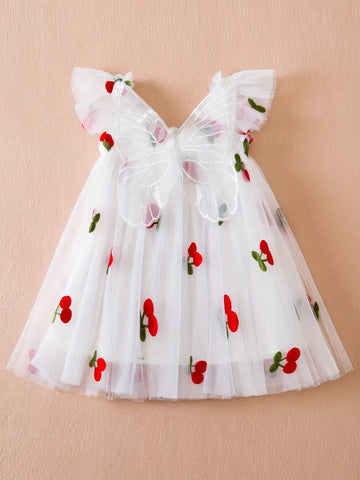 Toddler Girls Ruffle Trim Cherry Embroidered Butterfly Mesh Princess Dress 5-6Y Toddler Girls Ruffle Trim Cherry Embroidered Butterfly Mesh Princess Dress 5-6Y
