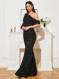 Asymmetrical Sleeves Sequins Black Mermaid Prom Dress