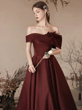 Burgundy Off The Shoulder Flowers Satin Prom Dress