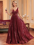 Burgundy V Neck A Line Sequin Party Prom Dress