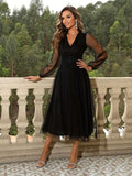 Contrast Mesh V Neck Long Sleeve Party Dress