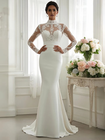 Long Sleeve Trumpet Mermaid High Neck Lace Wedding Dress