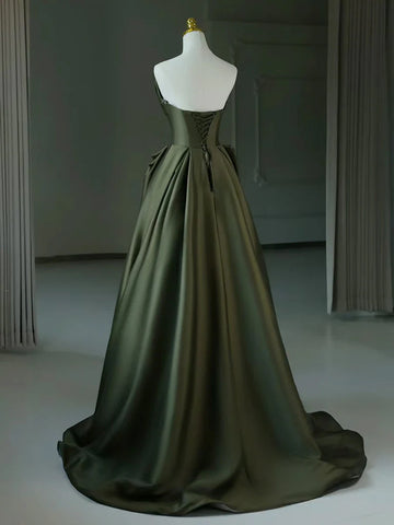dark olive green prom dress strapless open back dress A-Line Puff Sleeves Olive Green Satin Short Prom Dress, Olive Green