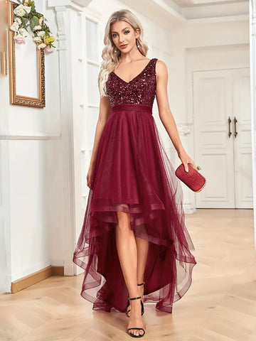 Burgundy V Neck Sequined Contrast Mesh Dress