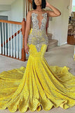 Mermaid Beading Sheer Neck Yellow Sequins  Prom Dress