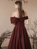 Burgundy Off The Shoulder Flowers Satin Prom Dress