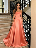 Orange Spaghetti Strap Satin A Line Prom Dress