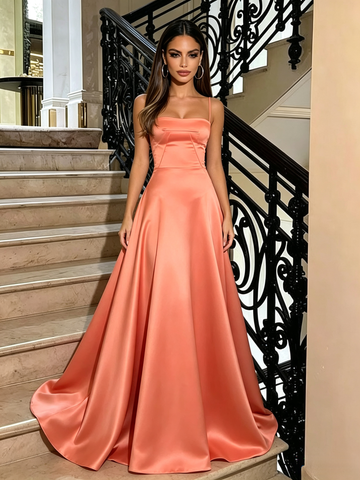 Orange Spaghetti Strap Satin A Line Prom Dress