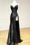 Satin Sheath Column Black Spaghetti Strap Prom Dress With Slit