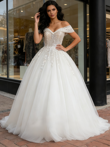 Ball Gown Tulle Sequin Off The Shoulder Wedding Dress