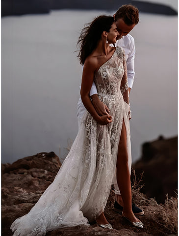 One Shoulder Lace See Through Wedding Dress With Slit