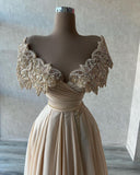 A Line Chiffon Champagne Off The Shoulder Beading Prom Dress