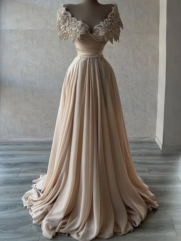 A Line Chiffon Champagne Off The Shoulder Beading Prom Dress