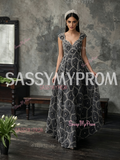 gray prom dress floral sequin beaded bodice detail