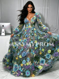 Model lifting the wide floral tulle skirt to show the airy movement and volume of the A-line evening dress