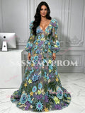 Full-length view of the floral embroidered A-line formal gown with deep illusion V-neckline
