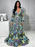 Front view of a colorful 3D floral lace A-line prom dress with deep V-neck and long sheer bishop sleeves