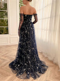 Long Sleeve Navy Blue Sequin Prom Dress With Slit