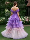 Ombre Tulle Pleats High Low Off The Shoulder Prom Dress