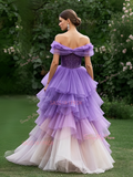 Appliques Purple Ombre Off The Shoulder Beading Prom Dress