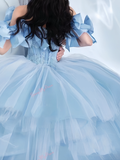 Light Blue Ruffles Puffy Sleeve Ball Gown Prom Dress