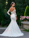 Satin Long Sleeve Appliques Off The Shoulder Mermaid Wedding Dress