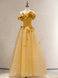 Yellow Off The Shoulder Tulle Flower Prom Dress