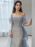 Tulle Sequin Blue Off The Shoulder Trumpet Mermaid Prom Dress