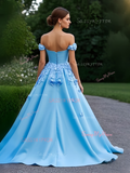 Off The Shoulder Blue Satin Flower Prom Dress