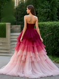 Tulle Sweetheart Burgundy Ombre High Low Prom Dress