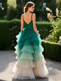 Satin Tulle A Line High Low Green V Neck Prom Dress