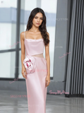 Pink Sheer Waist Satin A Line Flower Prom Dress