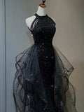 Black Halter Sequin Sparkle Tulle Ruffles Prom Dress