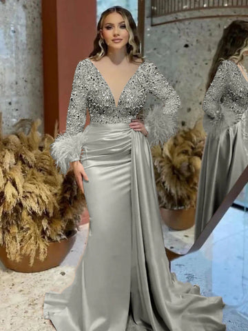 Silver V Neck Long Sleeve Feather Sequin Prom Dress
