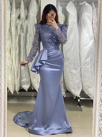 Sequin Satin Trumpet Mermaid Long Sleeve Blue Prom Dress