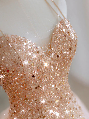 2024 Champagne Gold Sequin Rufles Lace Up Tulle Prom Dress Sassymyprom 2024 Champagne Gold Sequin Rufles Lace Up Tulle Prom Dress Sassymyprom