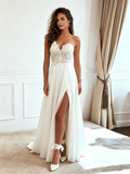 Sweetheart Lace A Line White Chiffon Wedding Dress With Slit