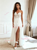 Sweetheart Lace A Line White Chiffon Wedding Dress With Slit