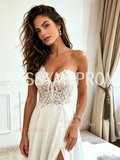 Sweetheart Lace A Line White Chiffon Wedding Dress With Slit