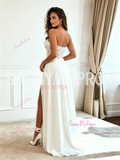 Sweetheart Lace A Line White Chiffon Wedding Dress With Slit