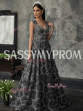 V Neck Flower Gray Empire Sequin Beading A Line Prom Dress