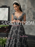 V Neck Flower Gray Empire Sequin Beading A Line Prom Dress