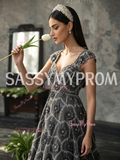 V Neck Flower Gray Empire Sequin Beading A Line Prom Dress