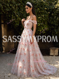 Pink Flower Beading Off The Shoulder A Line Tulle Prom Dress