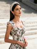 A Line Sleeves Floral Green Straps Sequin Tulle Prom Dress