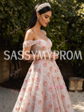 Pink Flower Beading Off The Shoulder A Line Tulle Prom Dress